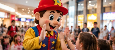 Mağazaların bulunduğu AVM içinde çocuklara yönelik maskot etkinliğini anlatan temsili görsel