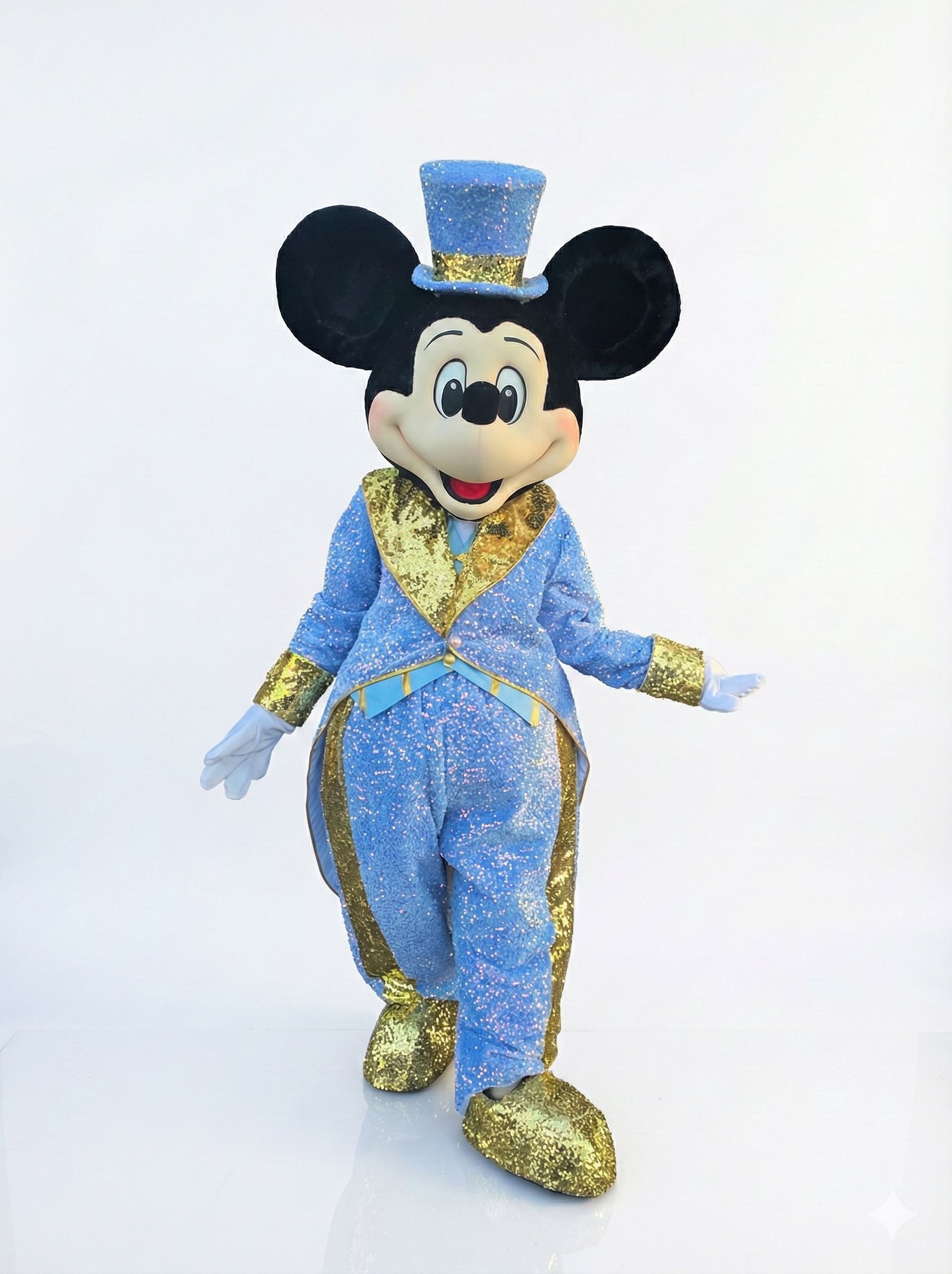 Mavi ve altın renkli sahne kostümüyle Mickey maskotu